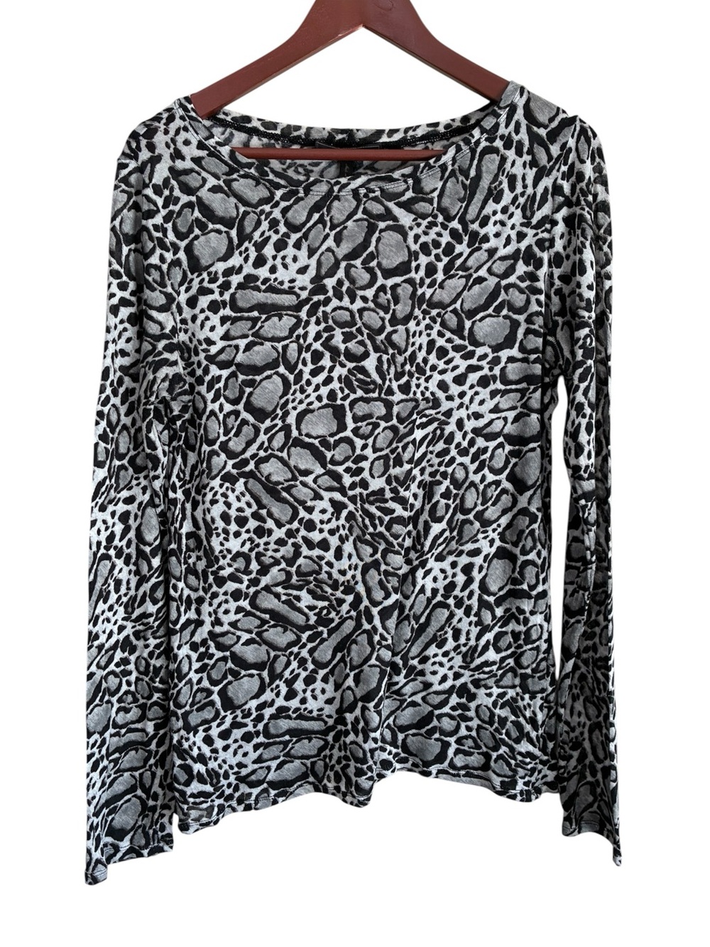 BCBGMaxAzria Women's Adga Gray Leopard Print Long Sleeve Top Size Large